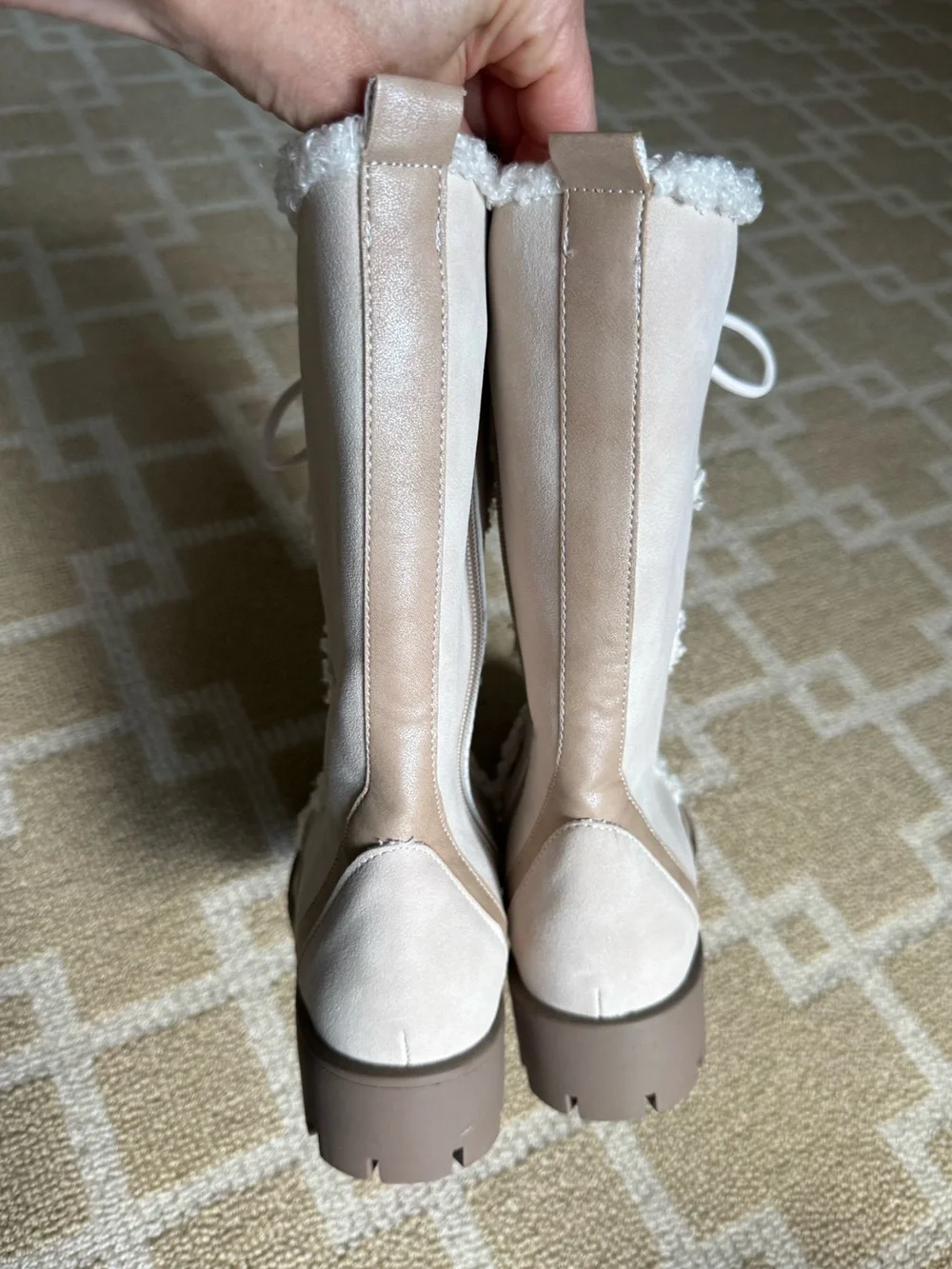 BCBG Girls Faux Shearling Lace Up Tall Lug Sole Boots Ivory Tan Size 5